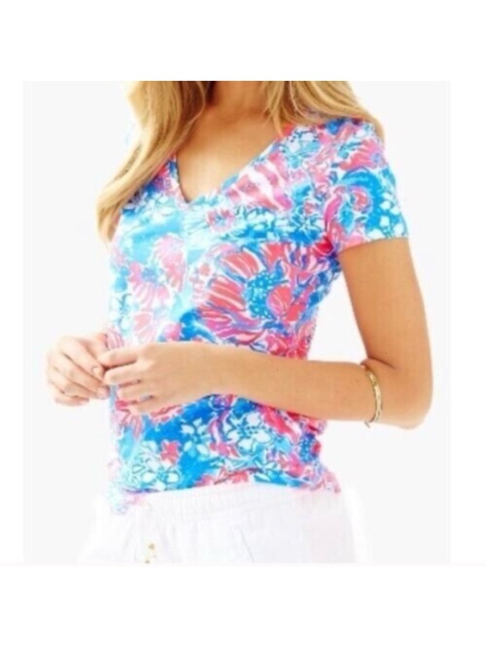 NWT Lilly Pulitzer Michele V-neck Tee Shirt Bay Blue Pop Pop size XS,S